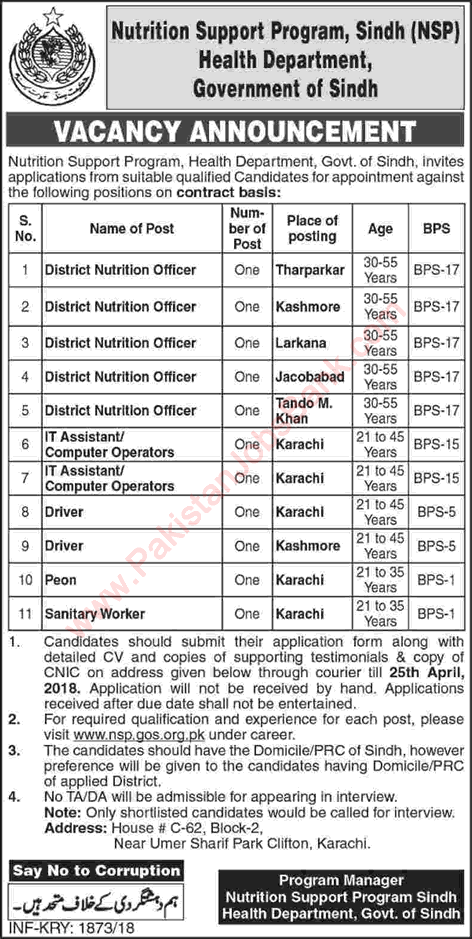 Health Department Sindh Jobs April 2018 Nutrition Support Program NSP Latest