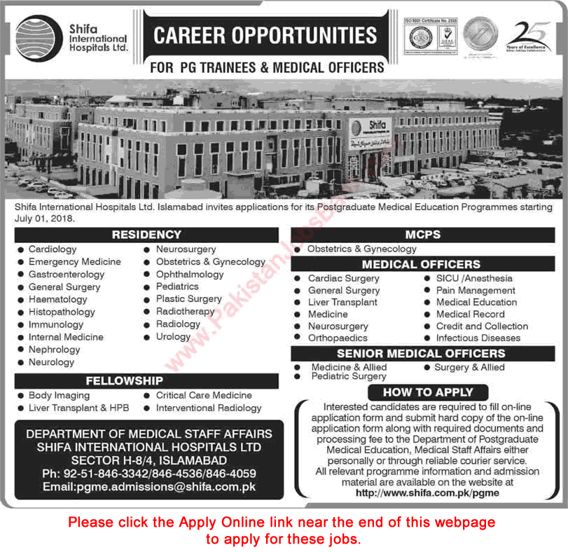 Shifa International Hospital Islamabad Jobs April 2018 Apply Online PG Trainees & Medical Officers Latest