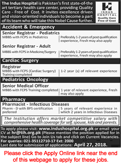 Indus Hospital Karachi Jobs April 2018 Apply Online Medical Officers, Registrars & Pharmacist Latest