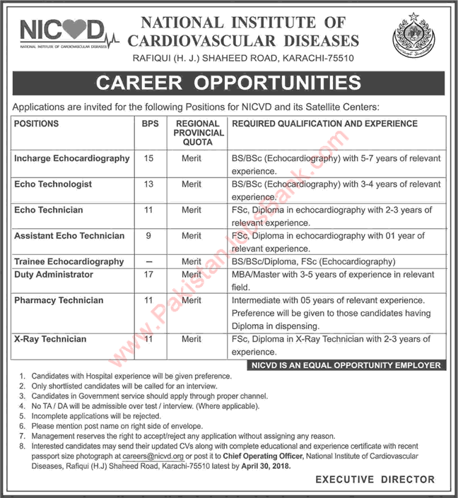 NICVD Jobs April 2018 X-Ray / Pharmacy Technicians & Others National Institute of Cardiovascular Diseases Latest