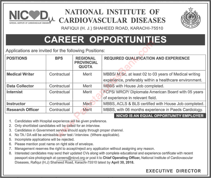 NICVD Jobs April 2018 Karachi Data Collector, Research Officer & Others Latest