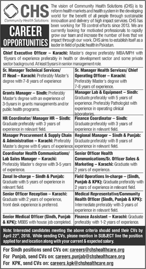 Community Health Solution Pakistan Jobs 2018 April Medical Officers & Others Latest