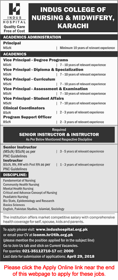 Indus College of Nursing and Midwifery Karachi Jobs 2018 April Apply Online Instructors & Others Latest