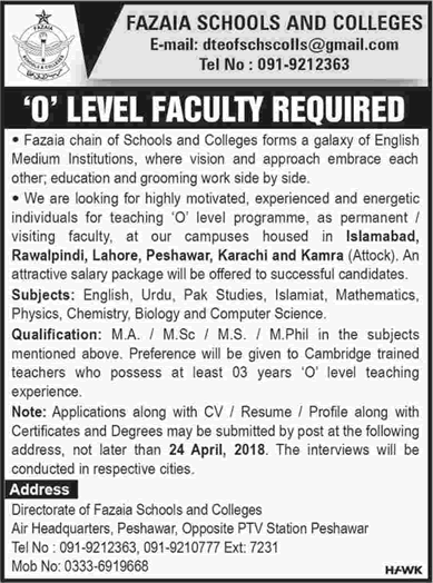 Fazaia Schools and Colleges Jobs 2018 April Teaching Faculty Latest