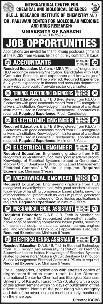 ICCBS University of Karachi Jobs April 2018 Electrical / Mechanical Engineers & Others Latest
