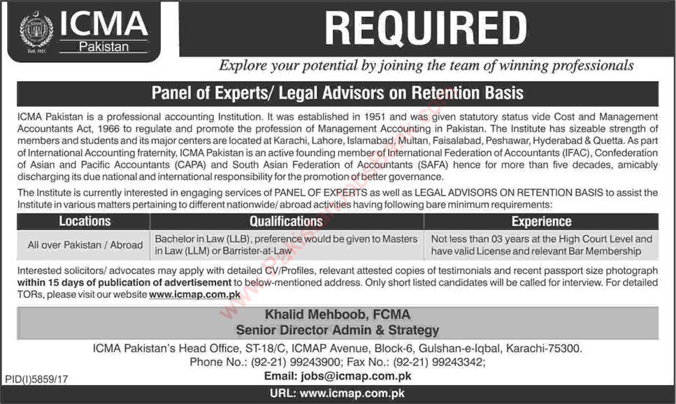 Experts / Legal Advisor Jobs in ICMA Pakistan 2018 April Institute of Cost & Management Accountant of Pakistan Latest