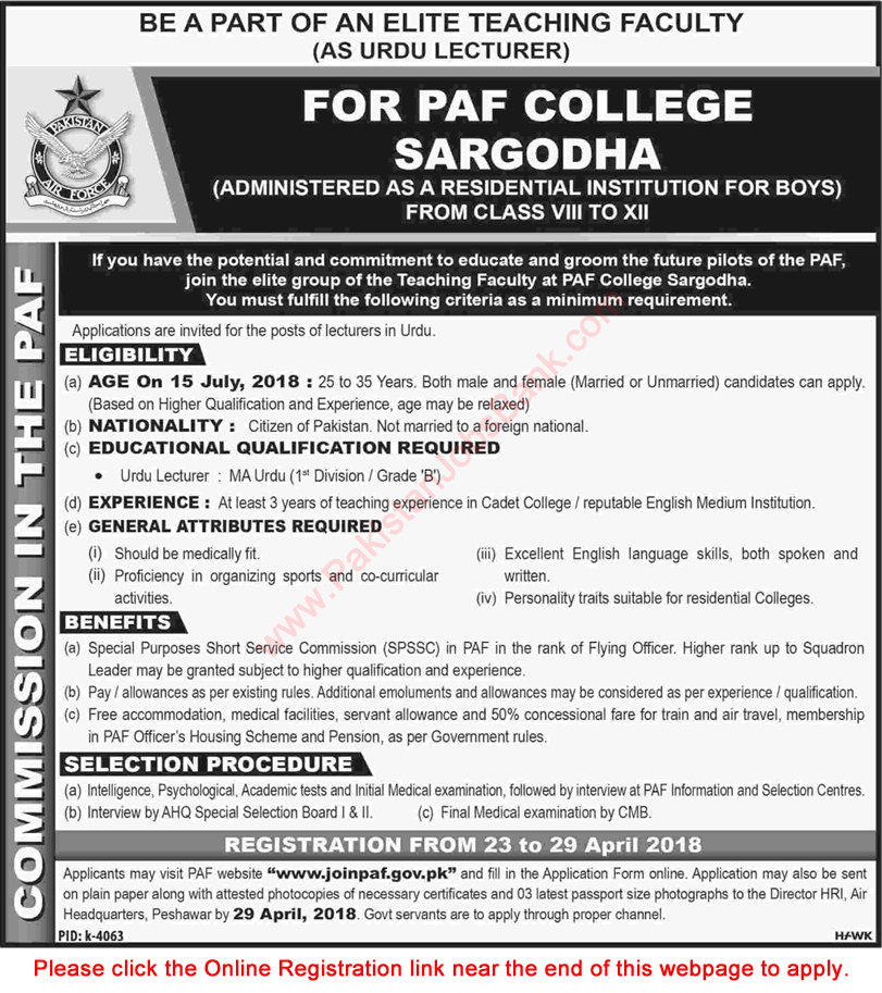 Lecturer Jobs in PAF College Sargodha 2018 April Online Application Form Commission in the PAF Latest