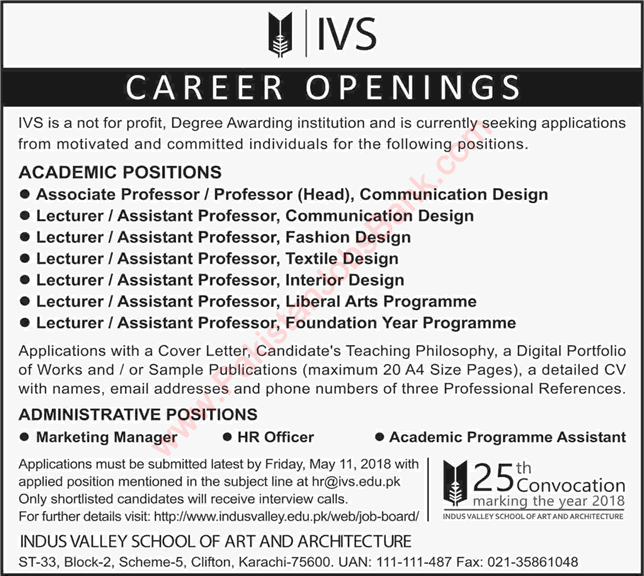 Indus Valley School of Art and Architecture Karachi Jobs 2018 April IVS Teaching Faculty & Others Latest