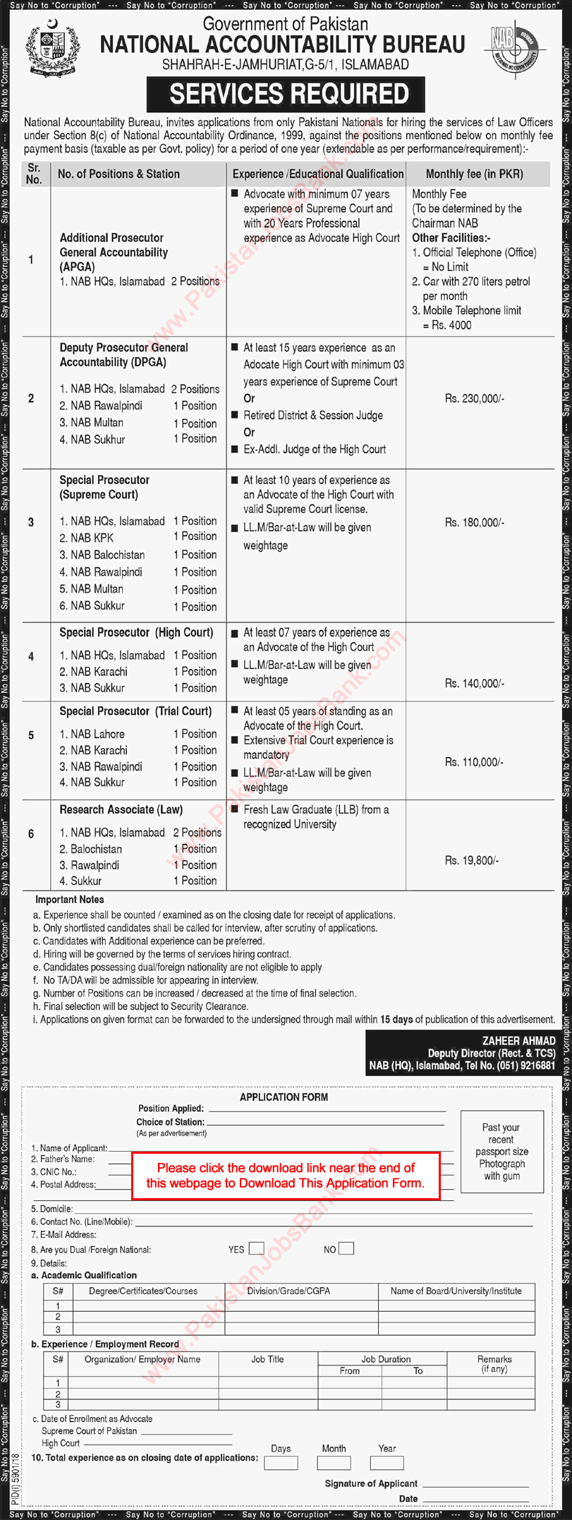 NAB Jobs April 2018 Application Form Special Prosecutors & Others National Accountability Bureau Latest