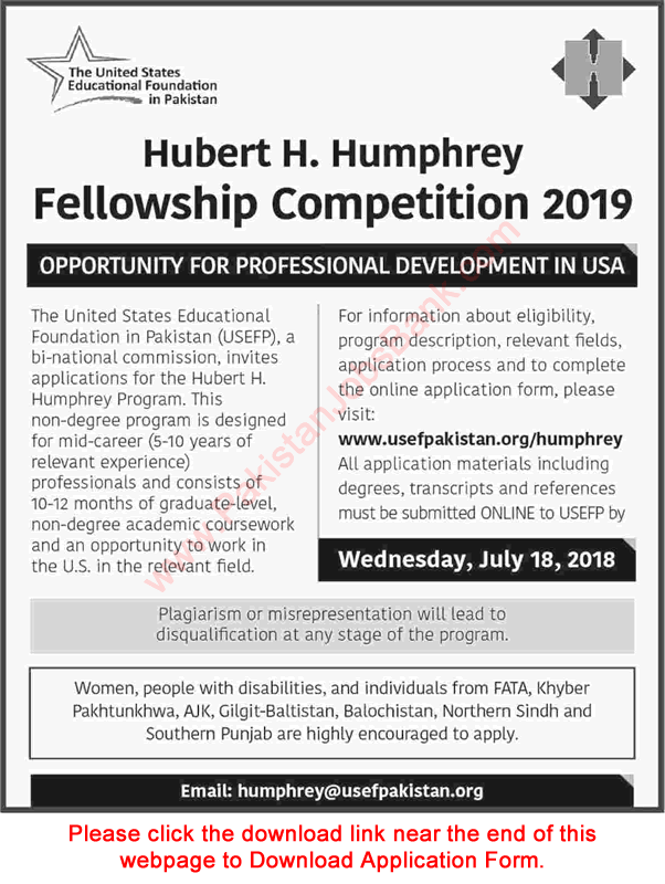 Hubert H. Humphrey Fellowship Program 2019 USEF Pakistan Apply Online Latest