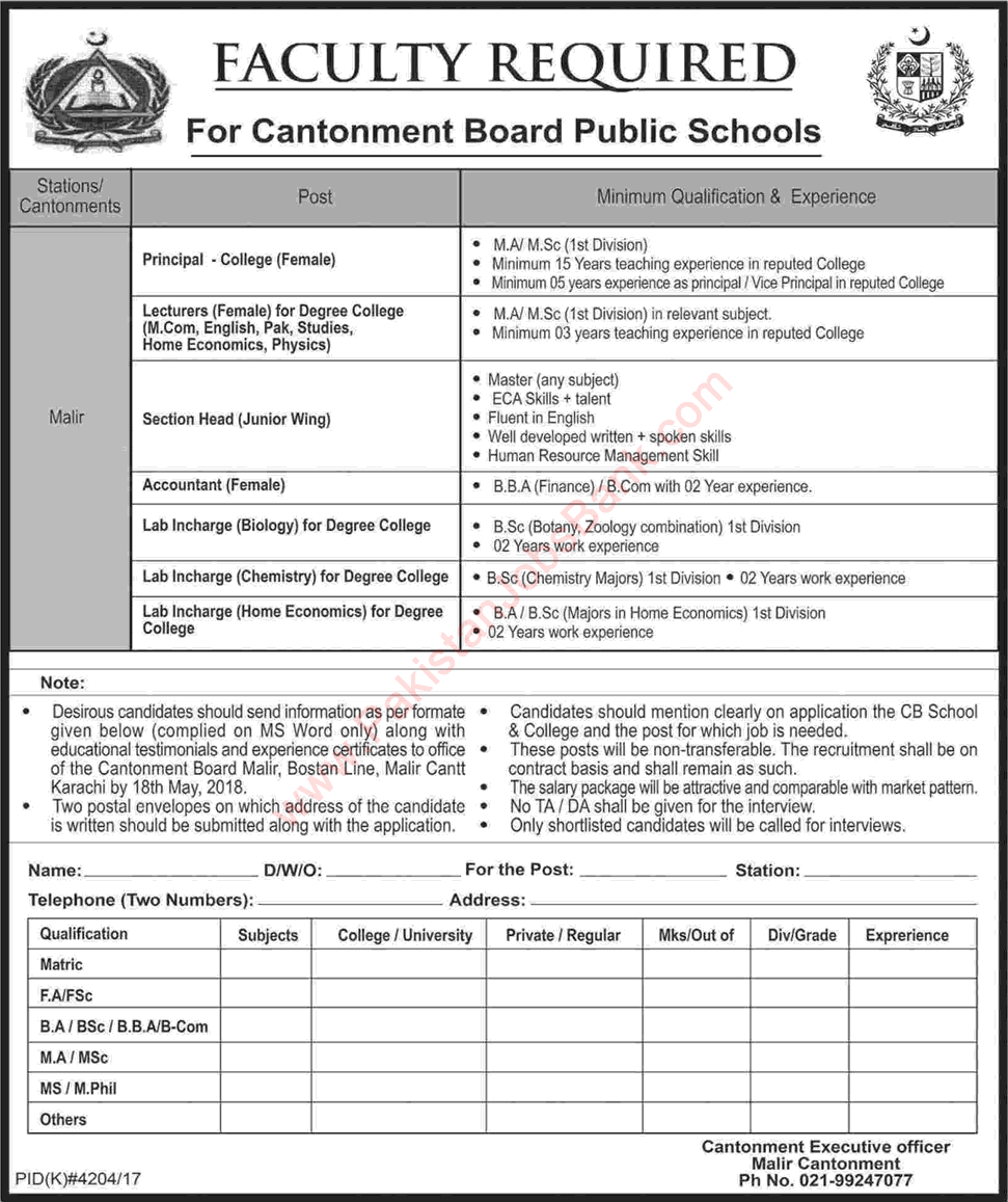 Cantonment Board Public Schools and Colleges Malir Karachi Jobs 2018 May Lecturers & Others Latest