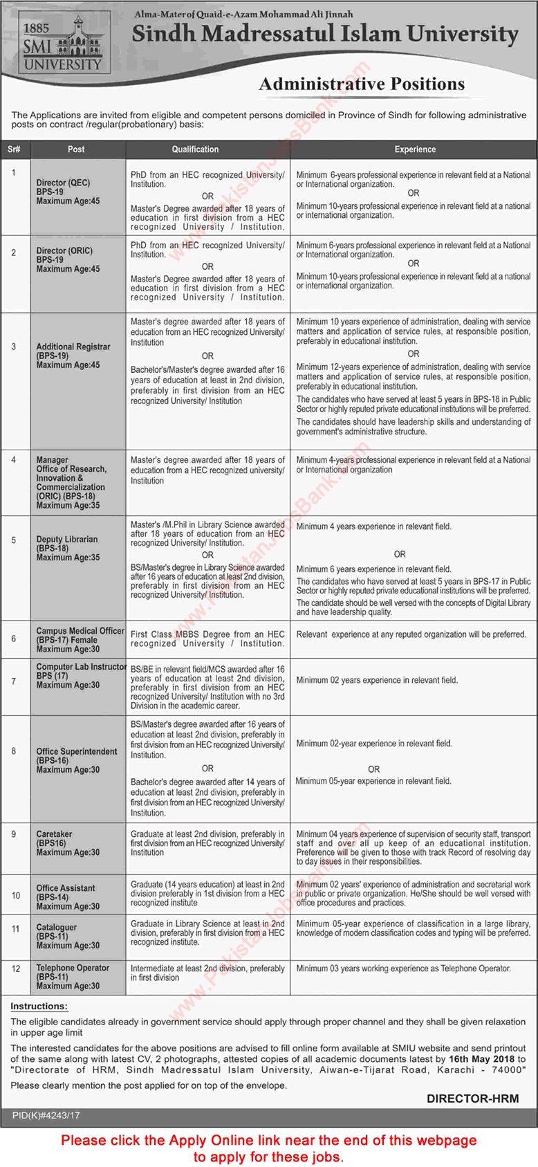 Sindh Madressatul Islam University Karachi Jobs May 2018 Apply Online Office Assistant, Caretaker & Others Latest