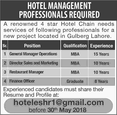 Hotel Jobs in Lahore 2018 May Finance Officer, Restaurant Manager & Others Latest