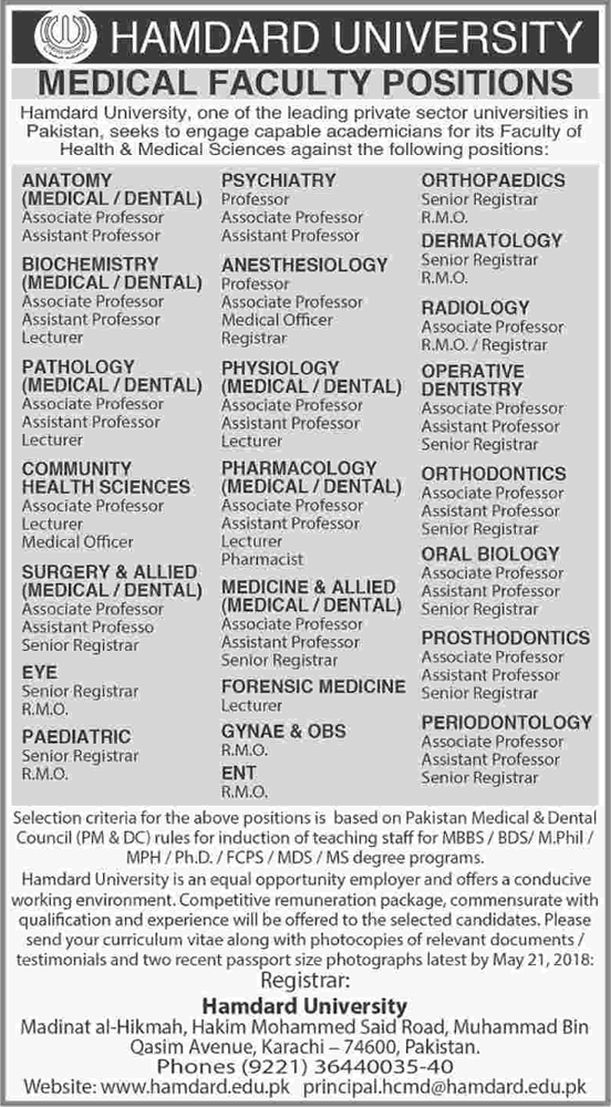 Hamdard University Karachi Jobs 2018 May Teaching Faculty, Medical Officers & Pharmacist Latest