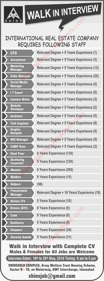 Shins Gold Complex Pakistan Jobs 2018 May Masons, Steel Fixers, Shuttering Carpenters & Others Walk in Interview Latest