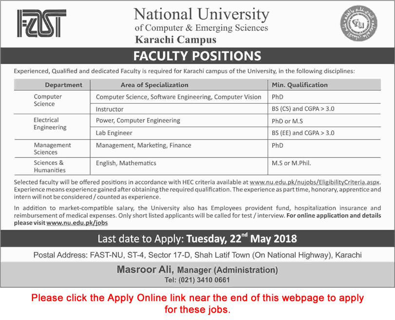 Teaching Faculty Jobs in FAST National University Karachi May 2018 Apply Online FAST NUCES Latest
