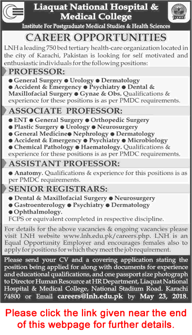 Liaquat National Hospital Karachi Jobs May 2018 Teaching Faculty LNH&MC Latest