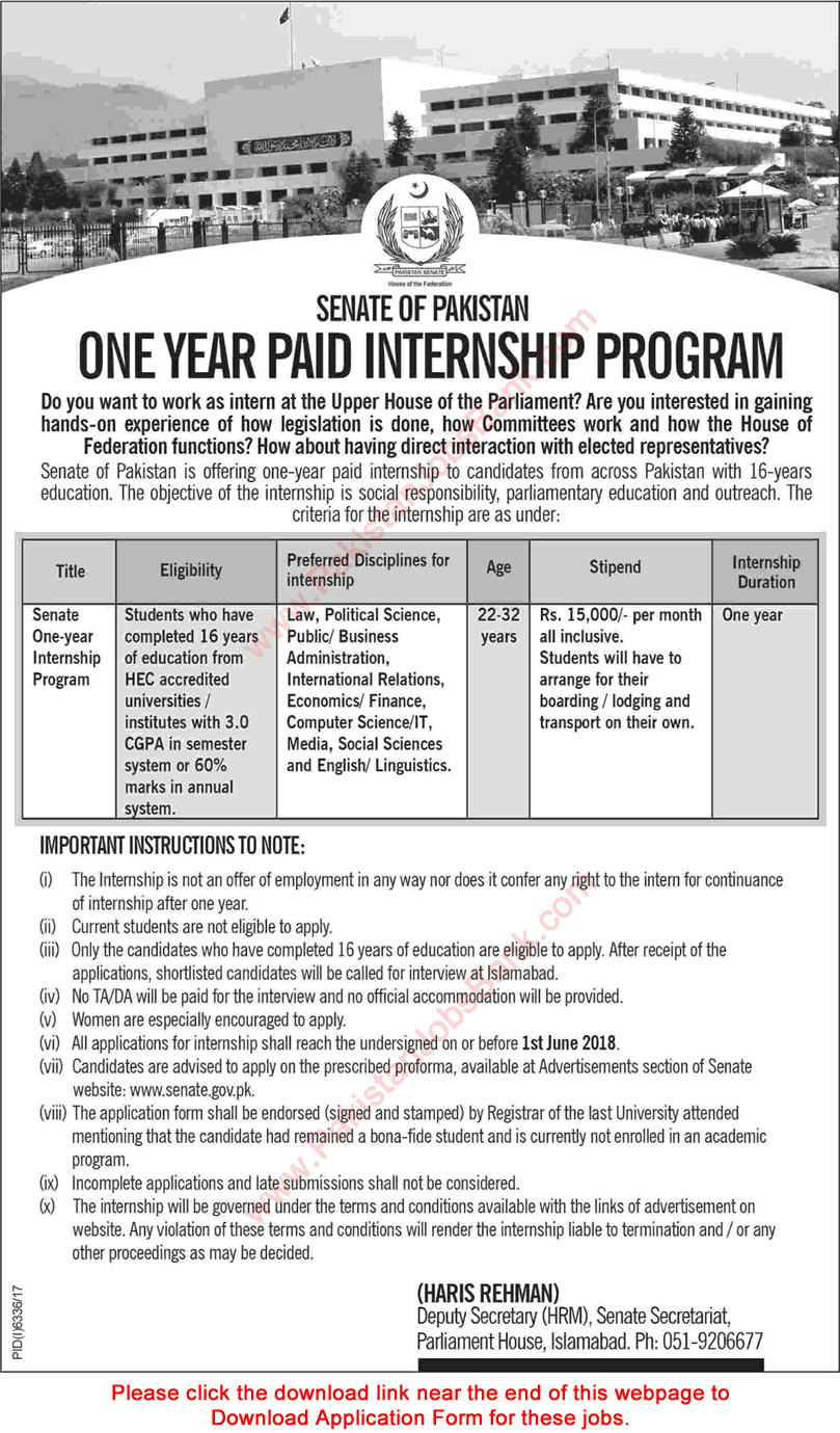 Senate of Pakistan Internship Program 2018 May Application Form Paid Jobs Latest Advertisement