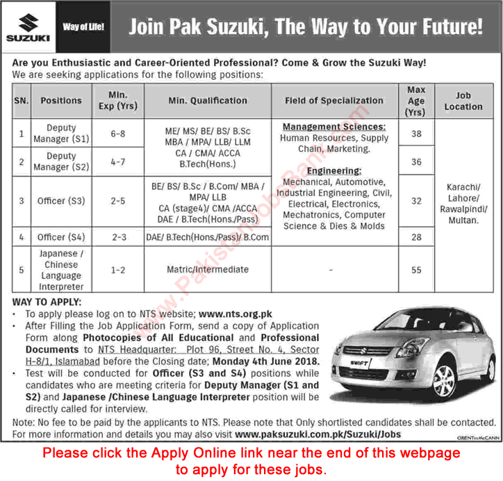 Pak Suzuki Motor Company Jobs May 2018 NTS Online Application Form Officers, Deputy Managers & Others Latest