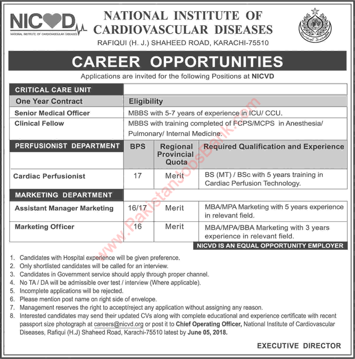 NICVD Jobs May 2018 Clinical Fellow, Medical Officer & Others Latest