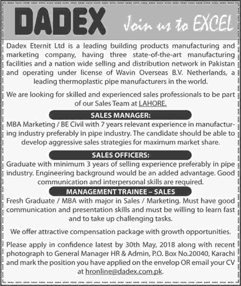 Dadex Eternit Ltd Lahore Jobs May 2018 Sales Officer / Manager & Management Trainee Latest