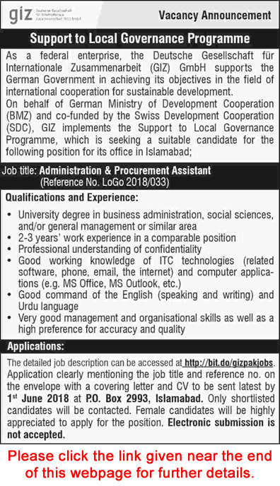 Admin / Procurement Assistant Jobs in GIZ Pakistan Islamabad May 2018 Latest