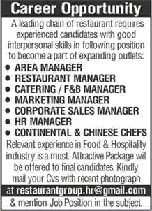 Restaurant Jobs in Karachi May 2018 June Sales Manager & Others Latest