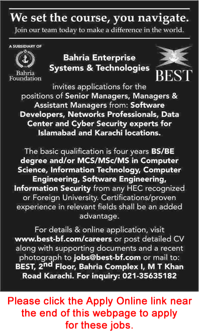 Bahria Enterprise Systems and Technologies Karachi Jobs 2018 June Islamabad Apply Online BEST Latest