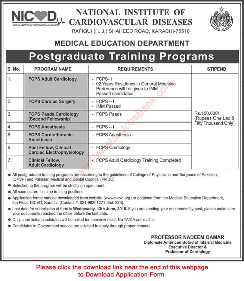 NICVD Jobs June 2018 Postgraduate Training Program Application Form Download Latest