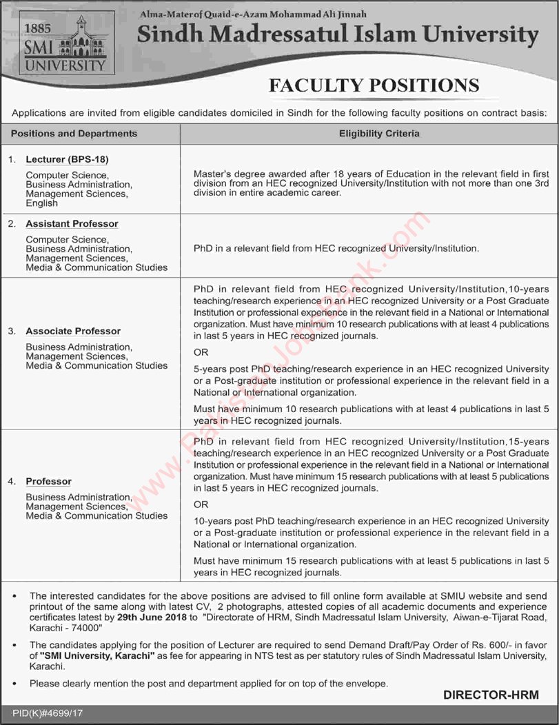 Sindh Madressatul Islam University Karachi Jobs June 2018 Apply Online Teaching Faculty SMIU Latest