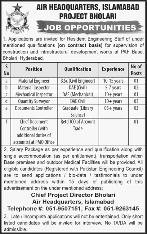 PAF Base Bholari Hyderabad Jobs 2018 June Civil / Mechanical Engineers & Others Latest