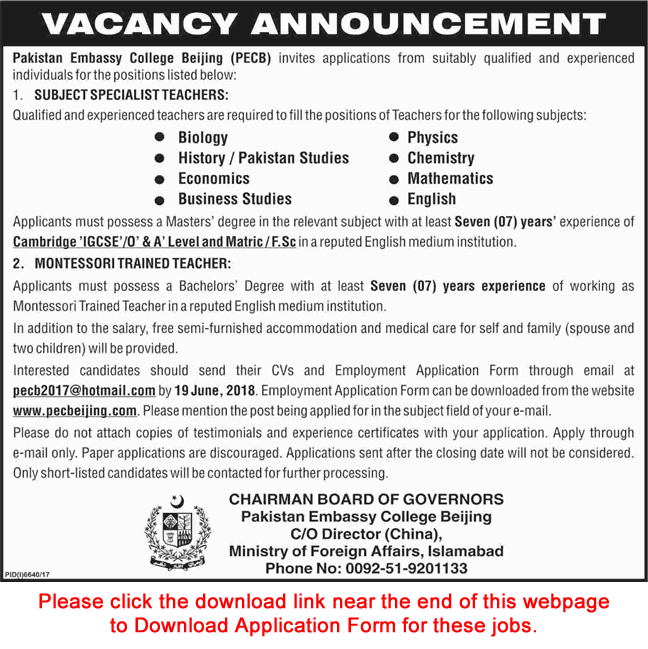 Pakistan Embassy College Beijing Jobs 2018 June Application Form Teaching Faculty PECB Latest