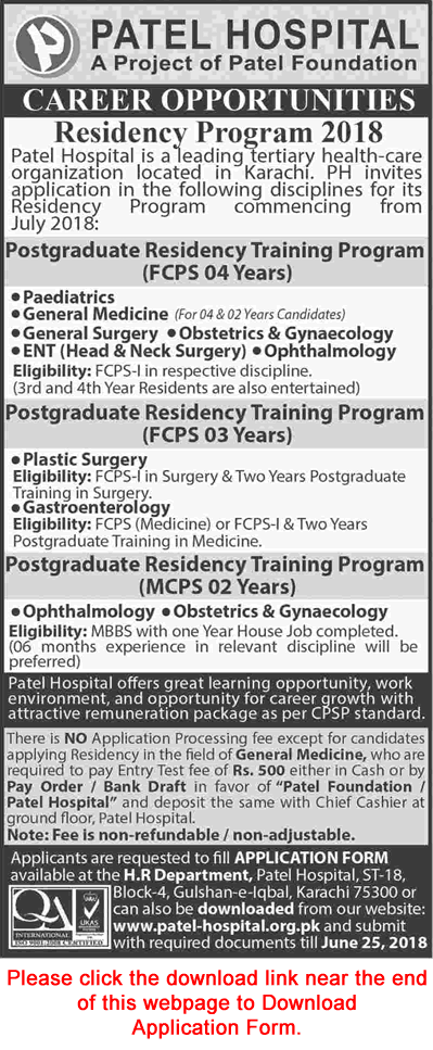 Patel Hospital Karachi Residency Training Program 2018 June FCPS / MCPS Application Form Latest