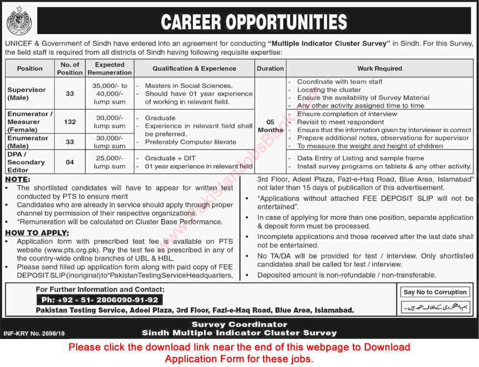 Multiple Indicator Cluster Survey Sindh Jobs 2018 June UNICEF PTS Application Form Download Latest