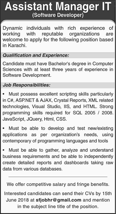 Software Developer Jobs in Karachi June 2018 Assistant Manager IT Latest