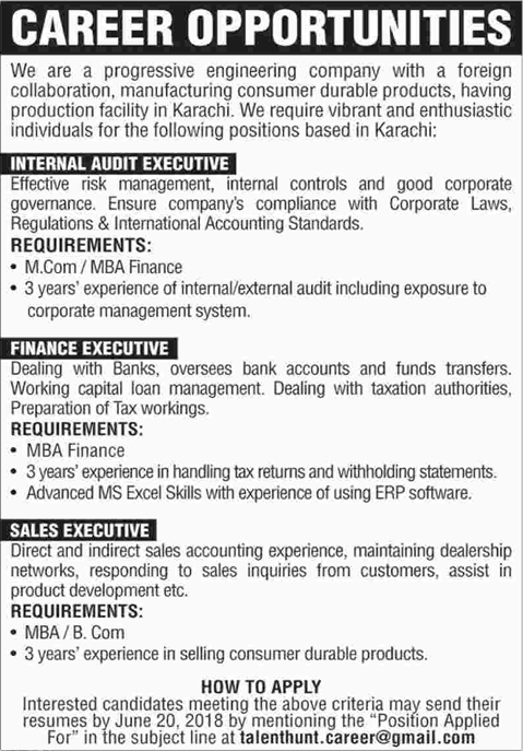 Engineering Company Jobs in Karachi 2018 June Finance / Sales Executive & Internal Audit Executive Latest