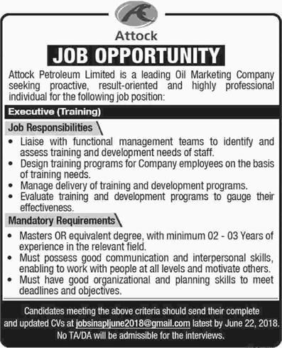 Training Executive Jobs in Attock Petroleum Limited 2018 June 2018 APL Latest