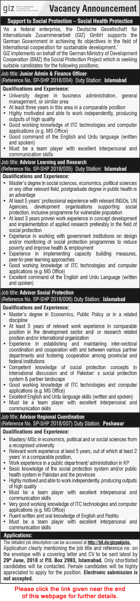 GIZ Pakistan Jobs 2018 June Admin / Finance Officer & Advisors Latest