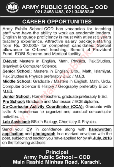 Army Public School COD Karachi Jobs June 2018 Teachers, Lab Assistant & CCA Coordinator Latest