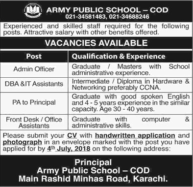 Army Public School COD Karachi Jobs June 2018 Admin Officer, Front Desk / Office Assistant & Others Latest
