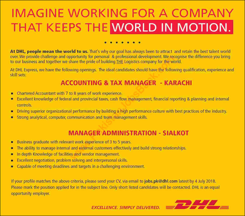 DHL Express Pakistan Jobs 2018 June Admin Manager, Accounting & Tax Manager Latest