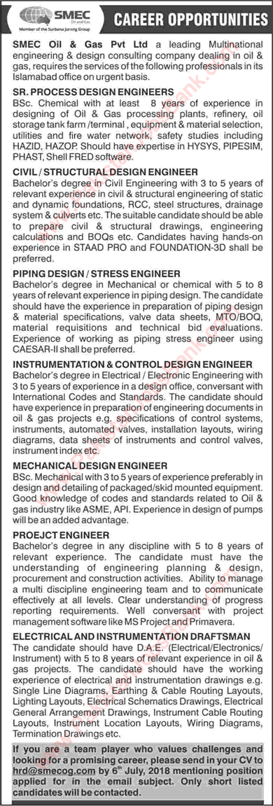 SMEC Oil and Gas Pvt Ltd Islamabad Jobs 2018 June Civil / Mechanical Engineers & Others Latest