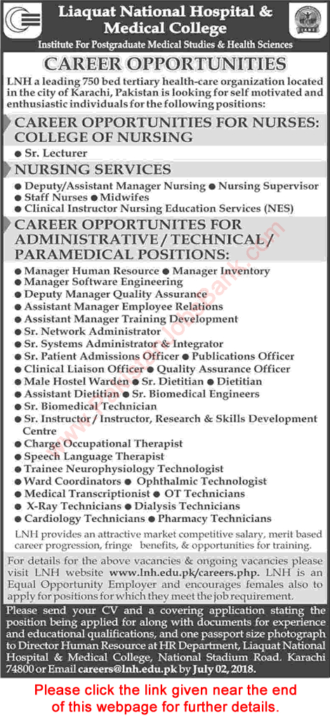 Liaquat National Hospital Karachi Jobs June 2018 Nurses, Medical Technicians & Others LNH&MC Latest