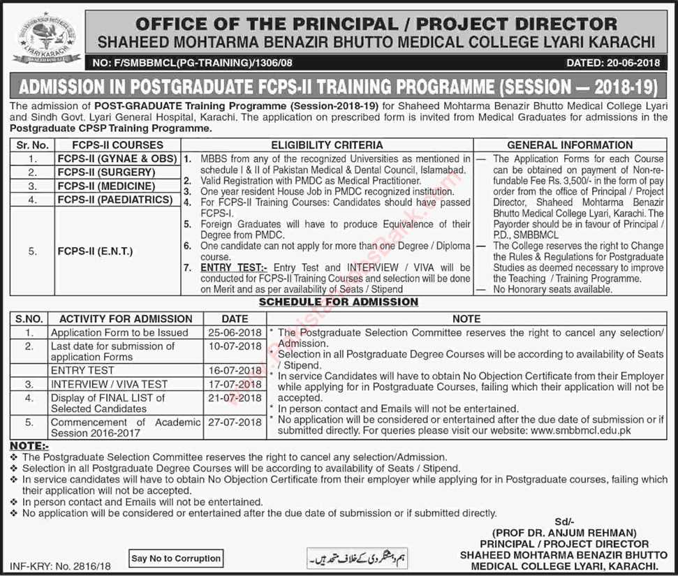 SMBBU Medical College Karachi FCPS-II Postgraduate Training 2018 June Latest