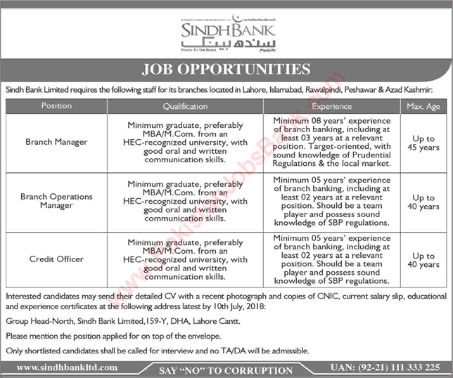 Sindh Bank Jobs June 2018 Branch / Operations Manager & Credit Officers Latest