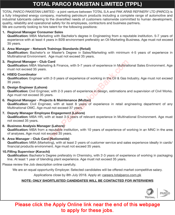 Total Parco Pakistan Limited Jobs July 2018 Apply Online Area Managers, Filling Supervisor & Others Latest