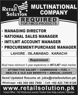 Retail Solution Pakistan Jobs 2018 July National Sales Managers, Accounts Manager & Others Latest