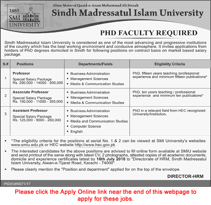 Sindh Madressatul Islam University Karachi Jobs July 2018 Apply Online Teaching Faculty Latest