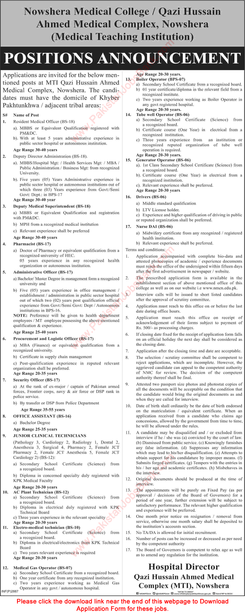 Qazi Hussain Ahmed Medical Complex Nowshera Jobs 2018 July MTI Application Form Download NMC Latest