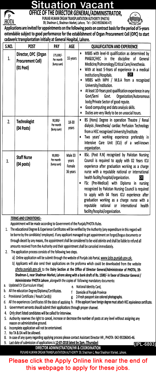 Punjab Human Organ Transplantation Authority Lahore Jobs July 2018 Apply Online Latest